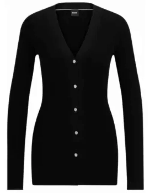 Ribbed cardigan with metal buttons and V-neckline- Black Women's Cardigan