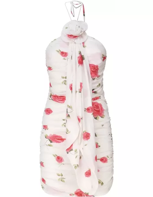 Magda Butrym Wrap Dress With Ruched Floral Applique And Cream Print