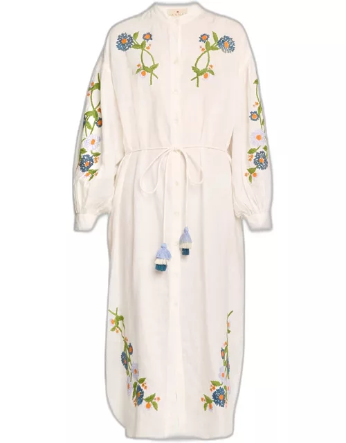 Everly Tassel-Tie Embroidered Linen Midi Dres