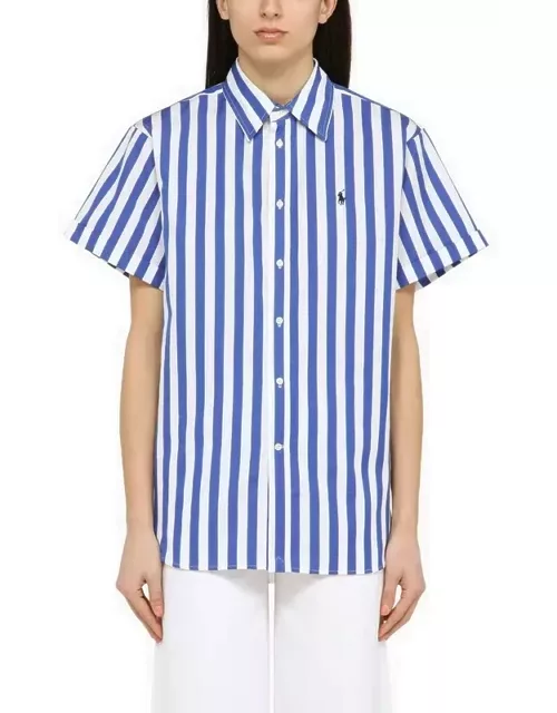 Blue/white striped short-sleeved cotton shirt