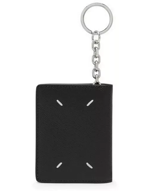 Black leather card case with key ring