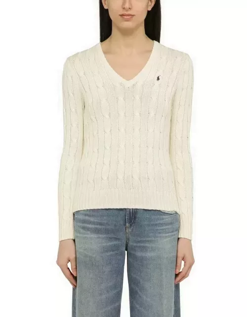 Cream-coloured cotton cable-knit sweater with logo