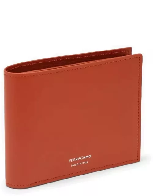 Terracotta-coloured leather bi-fold wallet with logo
