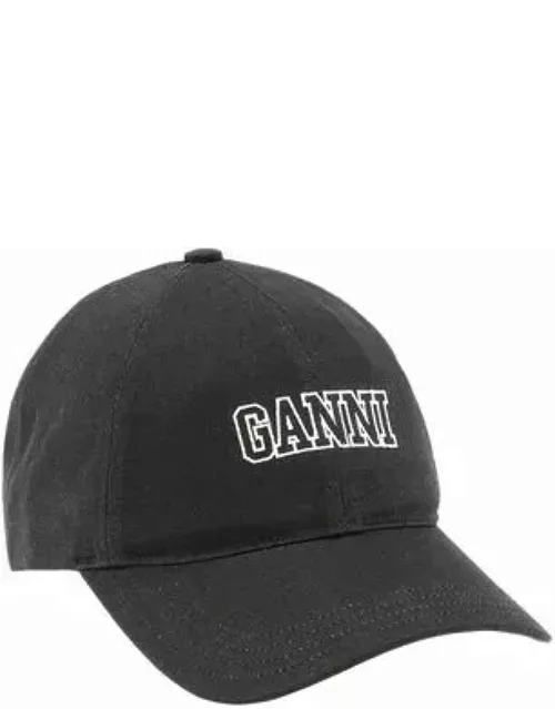 GANNI Embroidered Logo Cap in Black Organic Cotton Women'