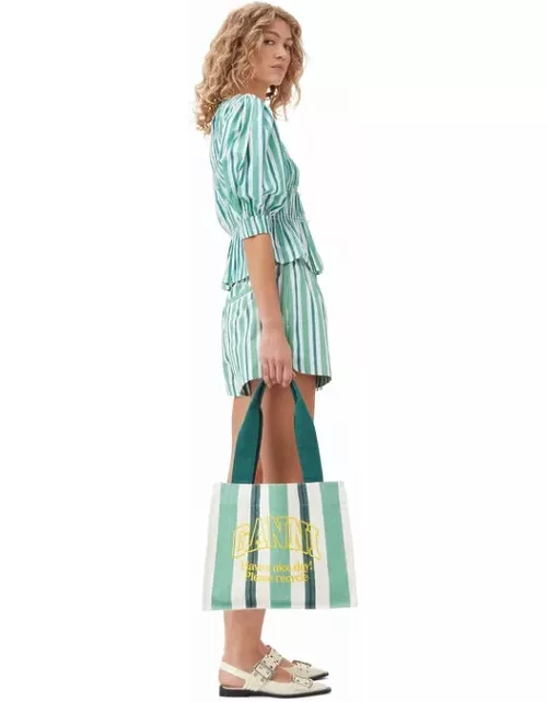 GANNI Large Striped Canvas Tote Bag in Green Cotton Women'