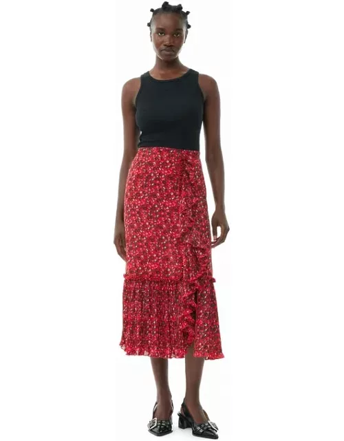 GANNI Red Pleated Georgette Flounce Midi Skirt in Racing Red