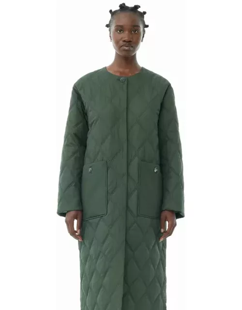 GANNI Green Quilt Long Coat in Kombu Green