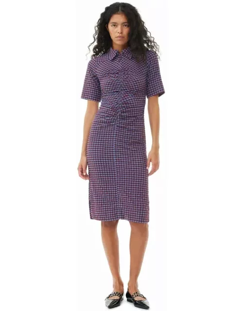 GANNI Checkered Stretch Seersucker Fitted Dress in Racing Red