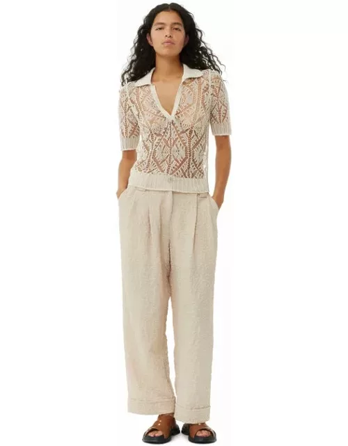 GANNI Beige Textured Suiting Mid Waist Trousers in Oyster Grey