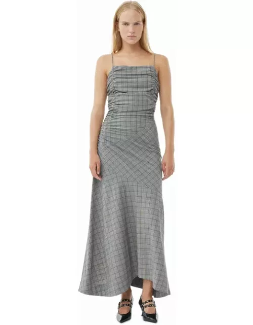 GANNI Checkered Ruched Long Slip Dress in Frost Grey