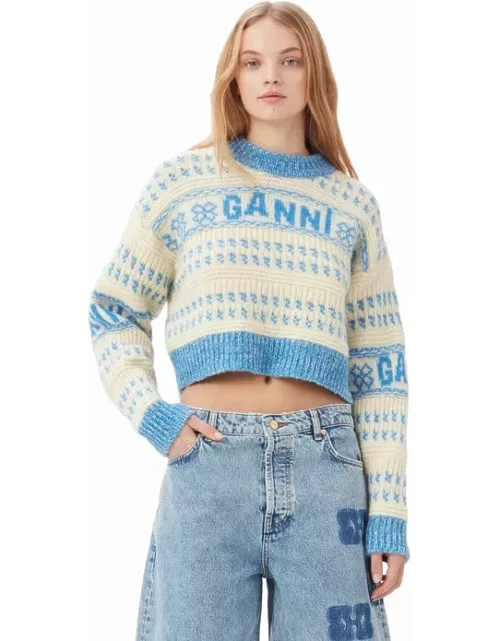 GANNI Blue Lambswool Cropped O-neck Pullover in Strong Blue
