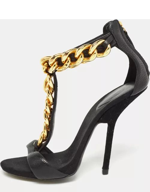 Giuseppe Zanotti Black Suede and Leather Chain Detail T Strap Sandal