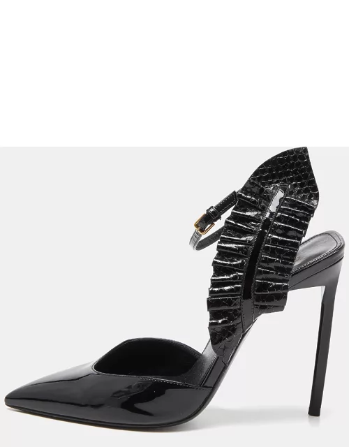 Saint Laurent Black Patent Leather and Watersnake Leather Pointed Toe Slingback Sandal