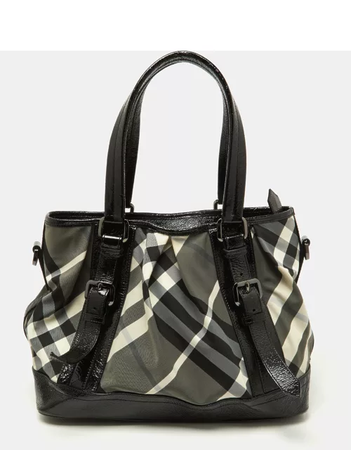 Burberry Black/Grey Beat Check Nylon and Patent Leather Lowry Tote