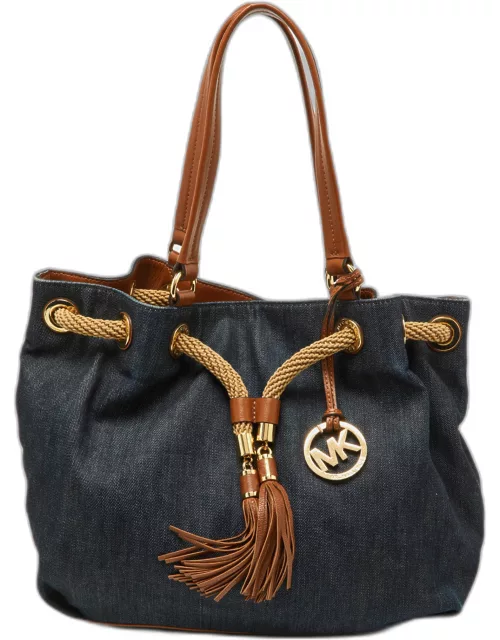 MICHAEL Michael Kors Navy Blue/Brown Denim and Leather Marina Drawstring Bucket Bag
