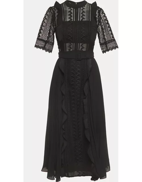 Self-Portrait Black Geometric Pattern Lace Pleated Midi Dress