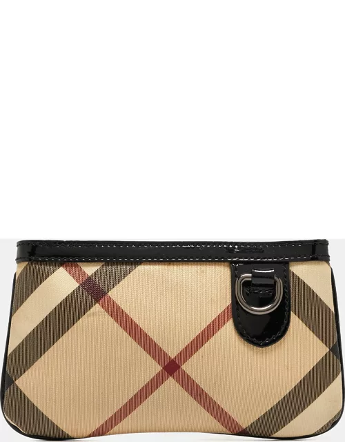 Burberry Beige/Black Nova Check Coated Canvas and Patent Leather Zip Wristlet Clutch