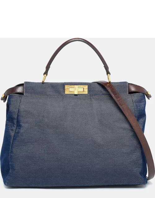 Fendi Blue/Brown Denim and Leather Large Peekaboo Top Handle Bag
