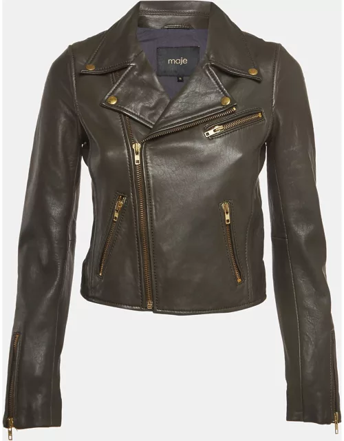 Maje Brown Leather Zipper Biker Jacket
