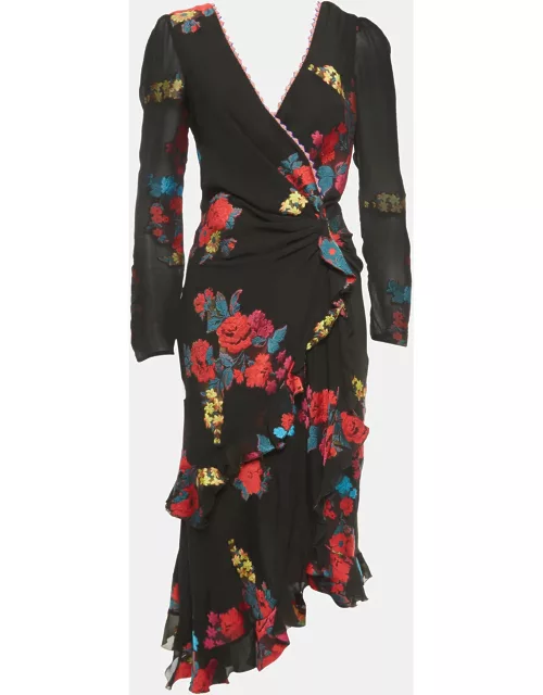 Etro Black Floral Jacquard Silk Blend Draped Midi Dress
