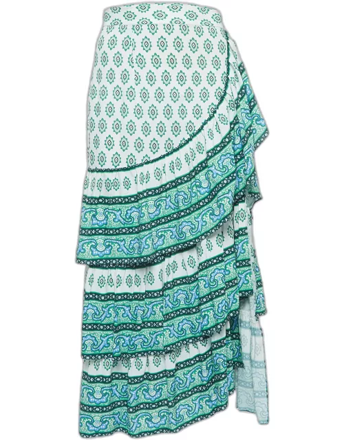 Sandro White/Green Print Cotton Tiered Midi Skirt
