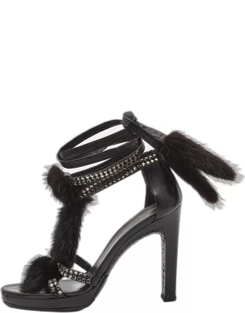 Gucci Black Python Leather and Mink Fur Crystal Embellished Ankle Wrap Sandal