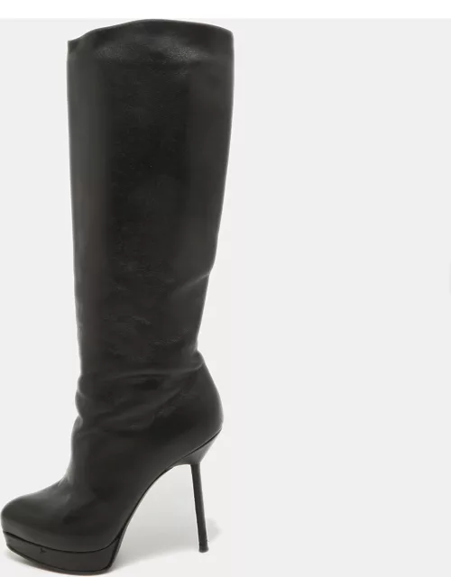 Yves Saint Laurent Black Leather Platform Knee Length Boot