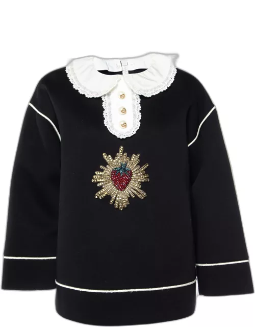 Gucci Black Strawberry Embellished Fleece Cotton Long Sleeve Top