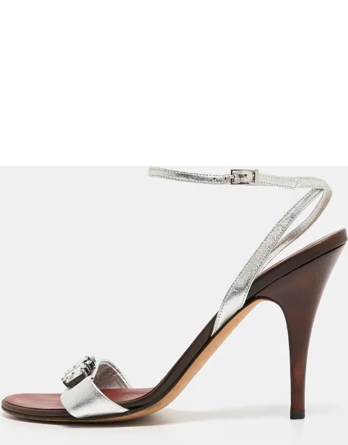 Giuseppe Zanotti Silver Leather Crystal Embellished Ankle Strap Sandal
