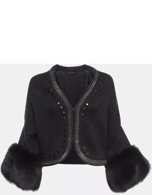 Roberto Cavalli Grey Fox Fur Trimmed Wool Blend Embellished Cardigan