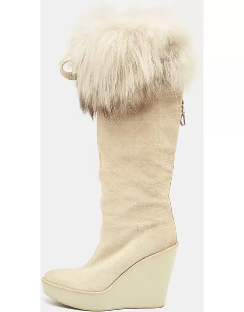 Dior Grey Suede Cannage Suede and Fox Fur Trim Knee High Wedge Boot
