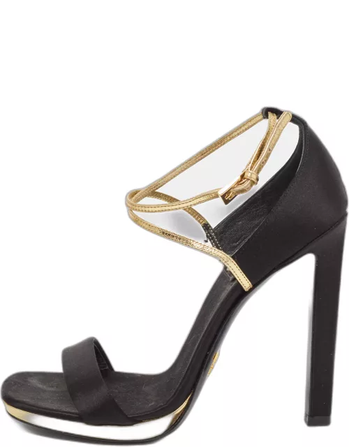 Prada Black/Gold Satin and Leather Criss Cross Ankle Strap Sandal