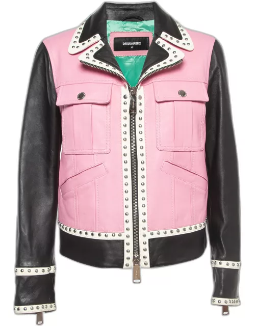 Dsquared2 Pink Colorblocked Leather Studded Jacket
