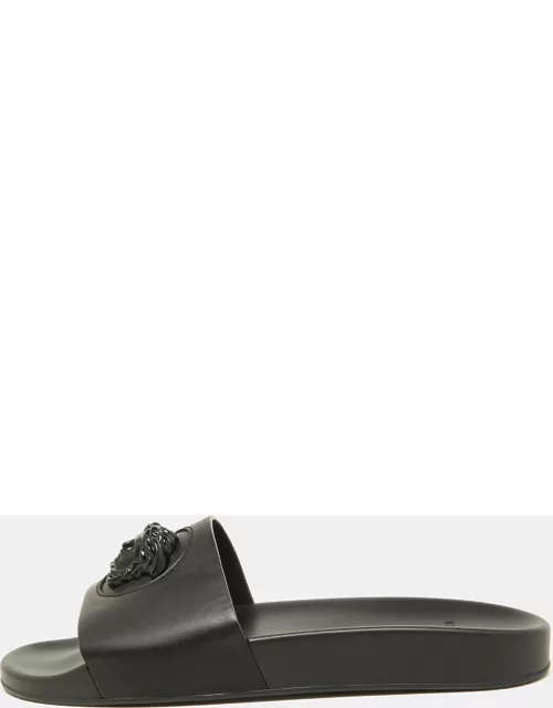 Versace Black Leather Medusa Flat Slide Sandal