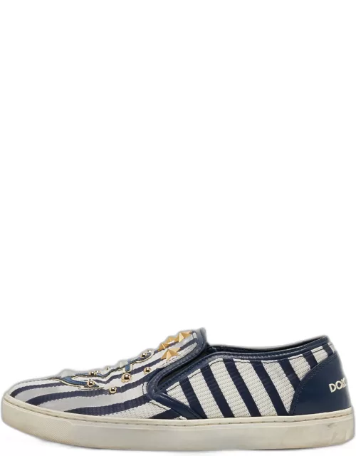 Dolce & Gabbana White/Blue Mesh and Leather Studded Slip On Sneaker