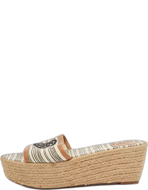 Tory Burch White/Brown Canvas and Leather Espadrille Platform Wedge Slide Sandal