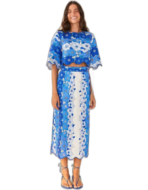 Blue Flower Stripes Midi Skirt, FLOWER STRIPES OFF-WHITE /