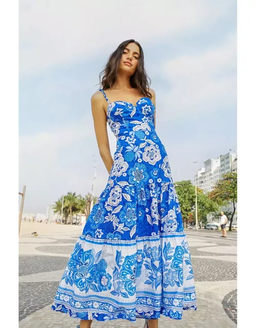 Blue Full Of Flowers Organic Cotton Midi Dress, FULL OF FLOWERS /