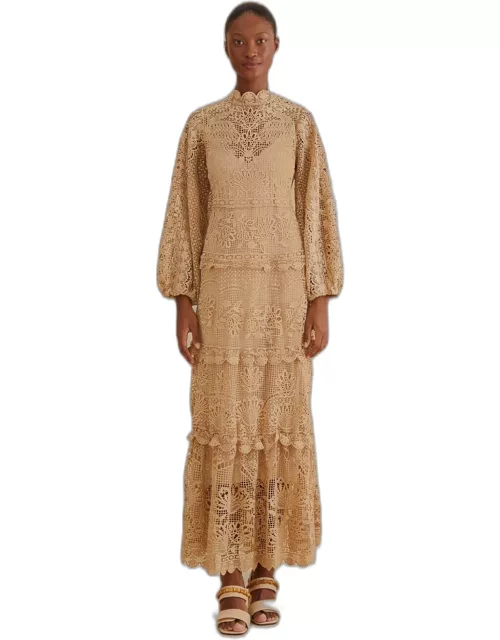 Khaki Guipure Long Sleeve Maxi Dress, KHAKI /