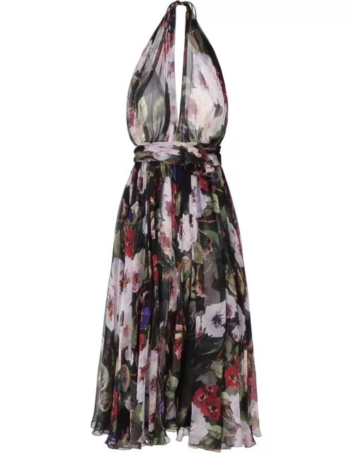 Dolce & Gabbana Rose Garden Print Silk Chiffon Longuette Dres