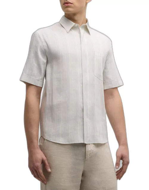 Men's Linen-Silk Stripe Short-Sleeve Shirt
