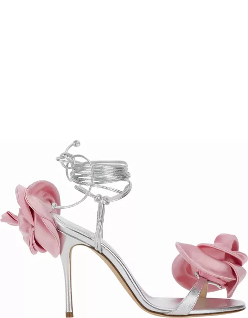 Magda Butrym Silver Strappy Sandals With 3d Flower In Silk Blend Woman