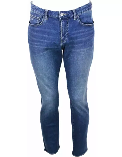 Armani Collezioni Skinny Jeans In Soft Stretch Denim With Contrasting Stitching And Leather Tab. Zip And Button Closure