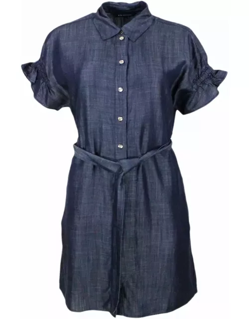 Armani Collezioni Lightweight Denim Dress With Gathered Sleeves With Button Closure And Belt Supplied