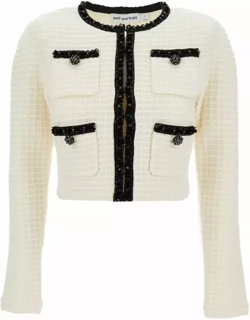 self-portrait White Crop Cardigan With Beads In Tweed Woman