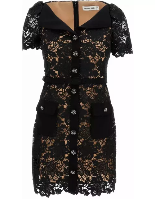 self-portrait Mini Black Belted Dress With Jewel Buttons In Lace Woman