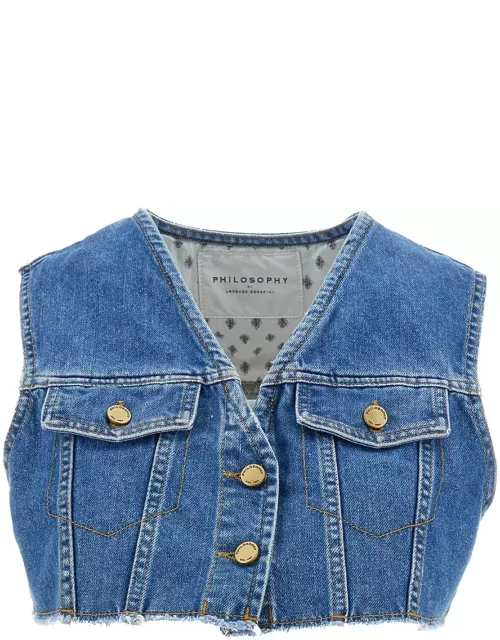 Philosophy di Lorenzo Serafini Light Blue Cropped Vest With Buttons In Cotton Blend Denim Woman