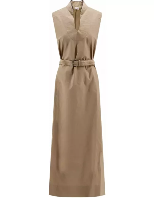 Brunello Cucinelli Techno Cotton Poplin Dress With Belt And Precious Shoulder Detai