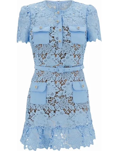 self-portrait Mini Blue Dress With Jewel Buttons In Lace Woman