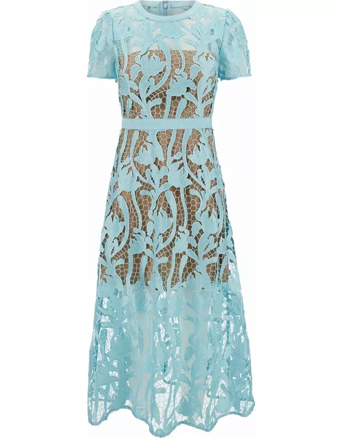 self-portrait Midi Light Blue Dress With Short Sleeves In Floreal Lace Woman